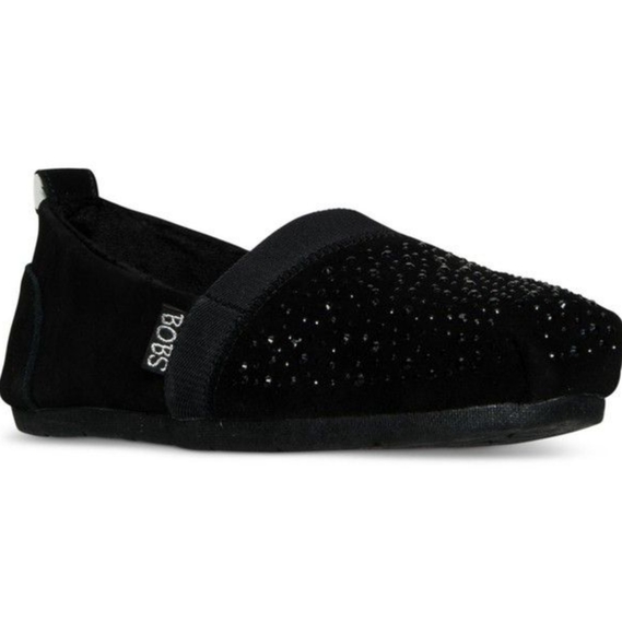 NEW BOBS Skechers | black leather suede shoes slip on rhinestone shoes black 11 - Picture 1 of 14